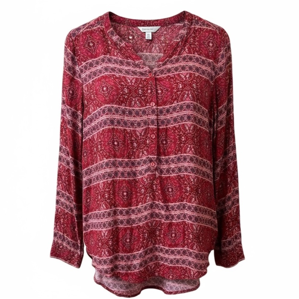 Lucky Brand Top‎ L Large Red Mixed Print Long Sleeve Striped Boho Tunic Blouse